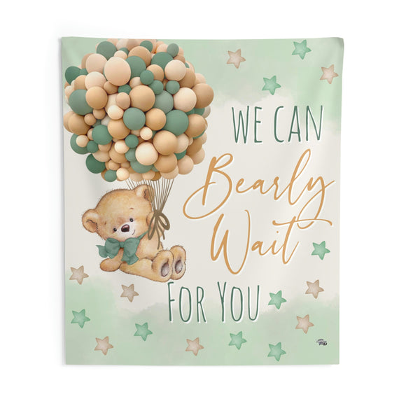 Teddy Bear Backdrop | We Bearly Can Wait For You | Teddy Bear Banner | Teddy Bear Party Decorations | Teddy Bear Birthday Party Tan Green